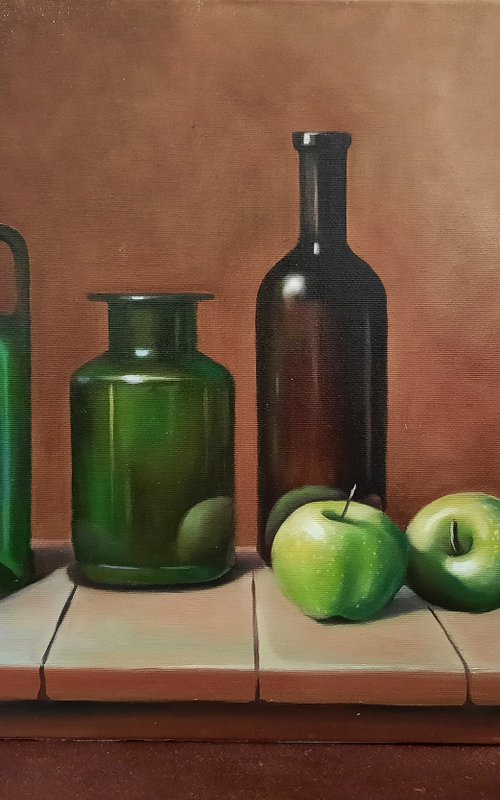 Still life apples and bottle (40x60cm, oil painting, ready to hang) by Ara Gasparian