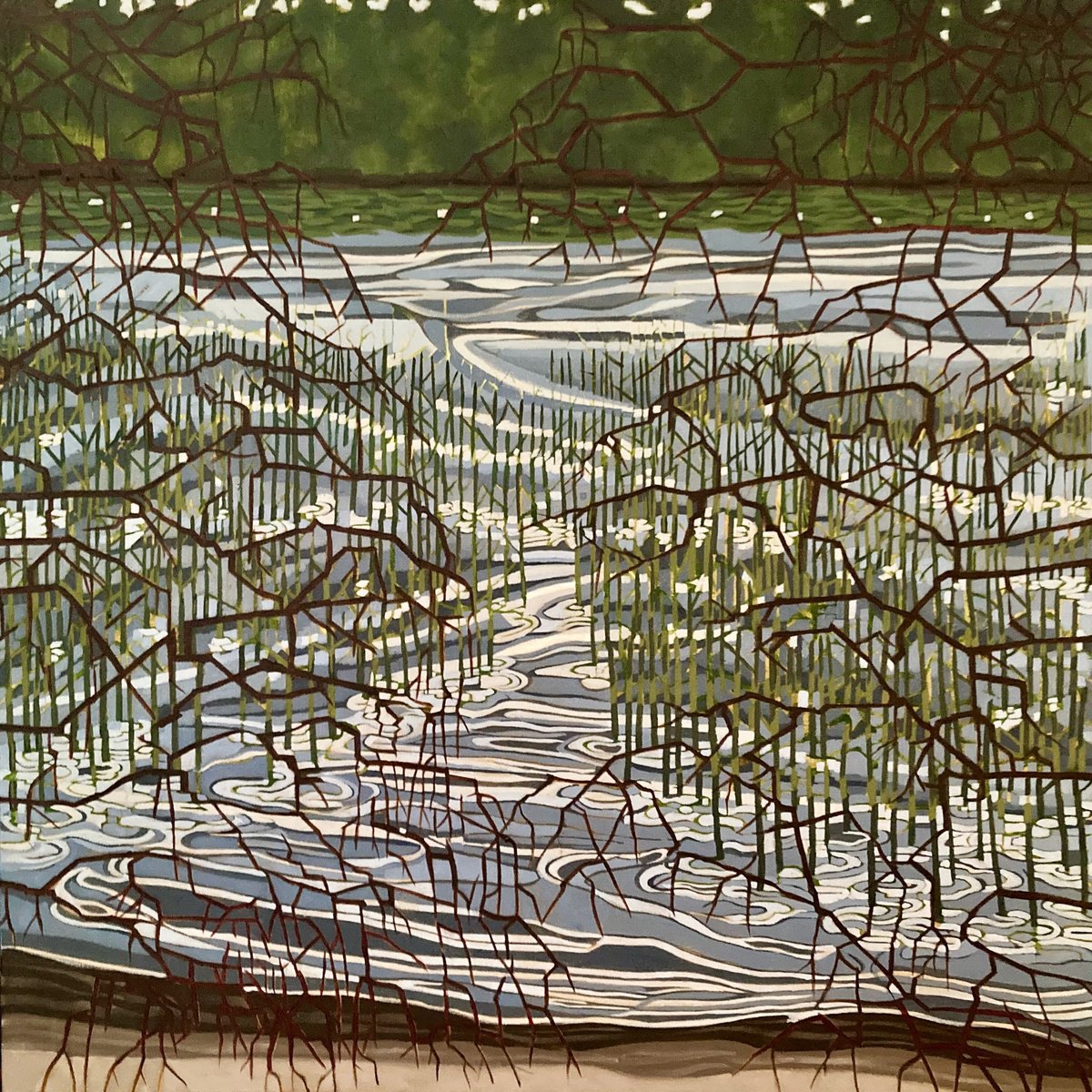 Expressive Landscape Oil Painting By Tarja Laine, 35 X 35", Nostalgia For The Water, Original Artwork