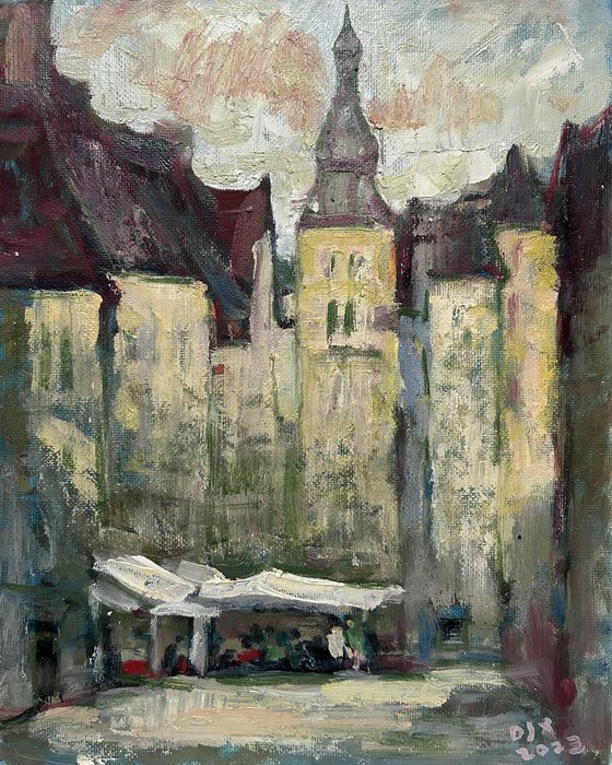 Original Oil Painting Wall Art Signed unframed Hand Made Jixiang Dong Canvas 25cm × 20cm Cityscape Market Street in Stuttgart, Germany Small Impressionism Impasto