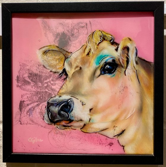 Princess Dairy - Jersey Cow original oil painting, resin, metallic paint