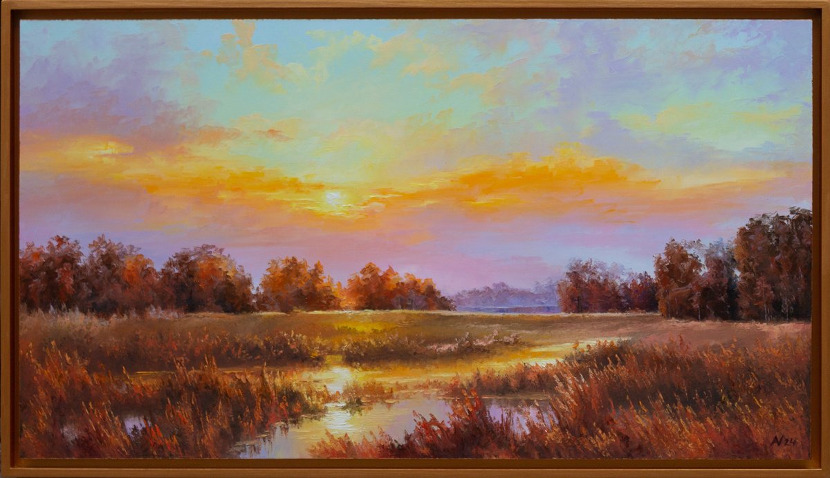 Impressionistic Landscape Oil Painting By Oleksii Vylusk, 37 X 21", Sunset 06, Original Artwork