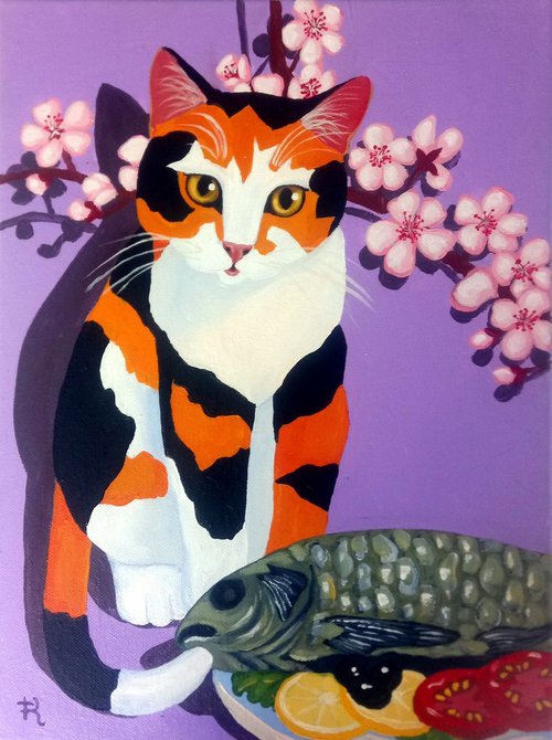 Calico Cat with Fish by Terri Smith