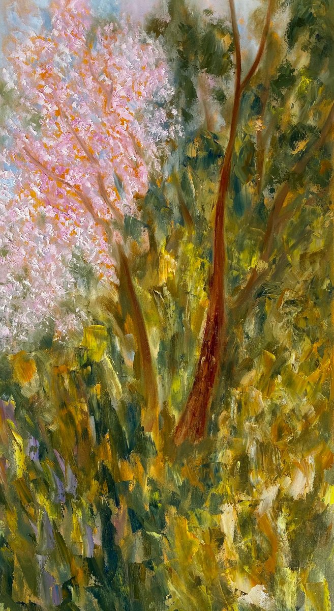 Organic Landscape Oil Painting By Deepa Kern, 17 X 32, Wild Cherry Blossoms, Original Artwork