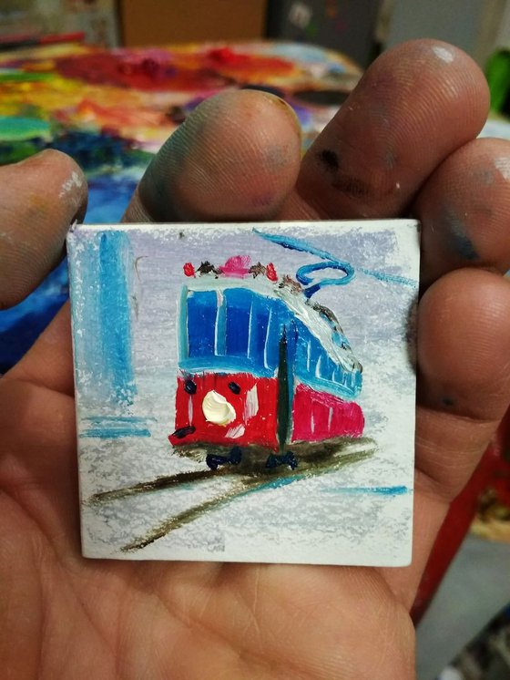 Red old streetcar miniature painting