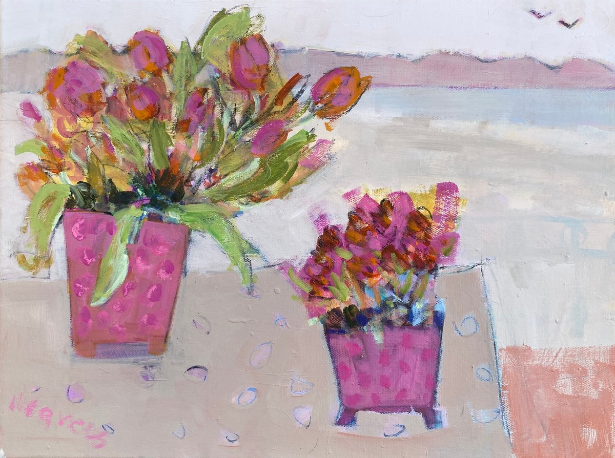 Impressionistic Still Life Acrylic Painting By Chrissie Havers, 16 X 12, Holiday Flowers, Original Artwork