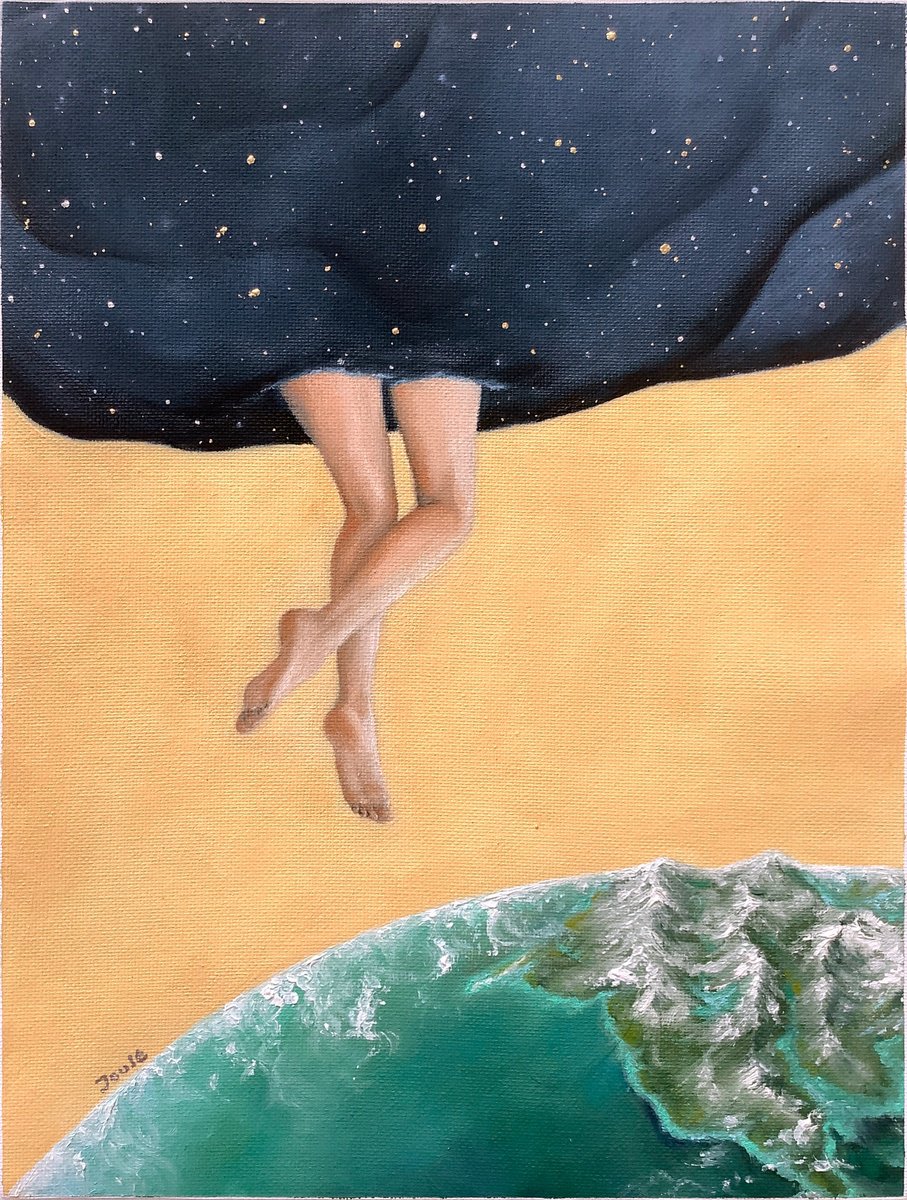 Surrealistic Landscape Oil Painting By Joule Kim, 9 X 12", Cosmic Wanderer, Original Artwork