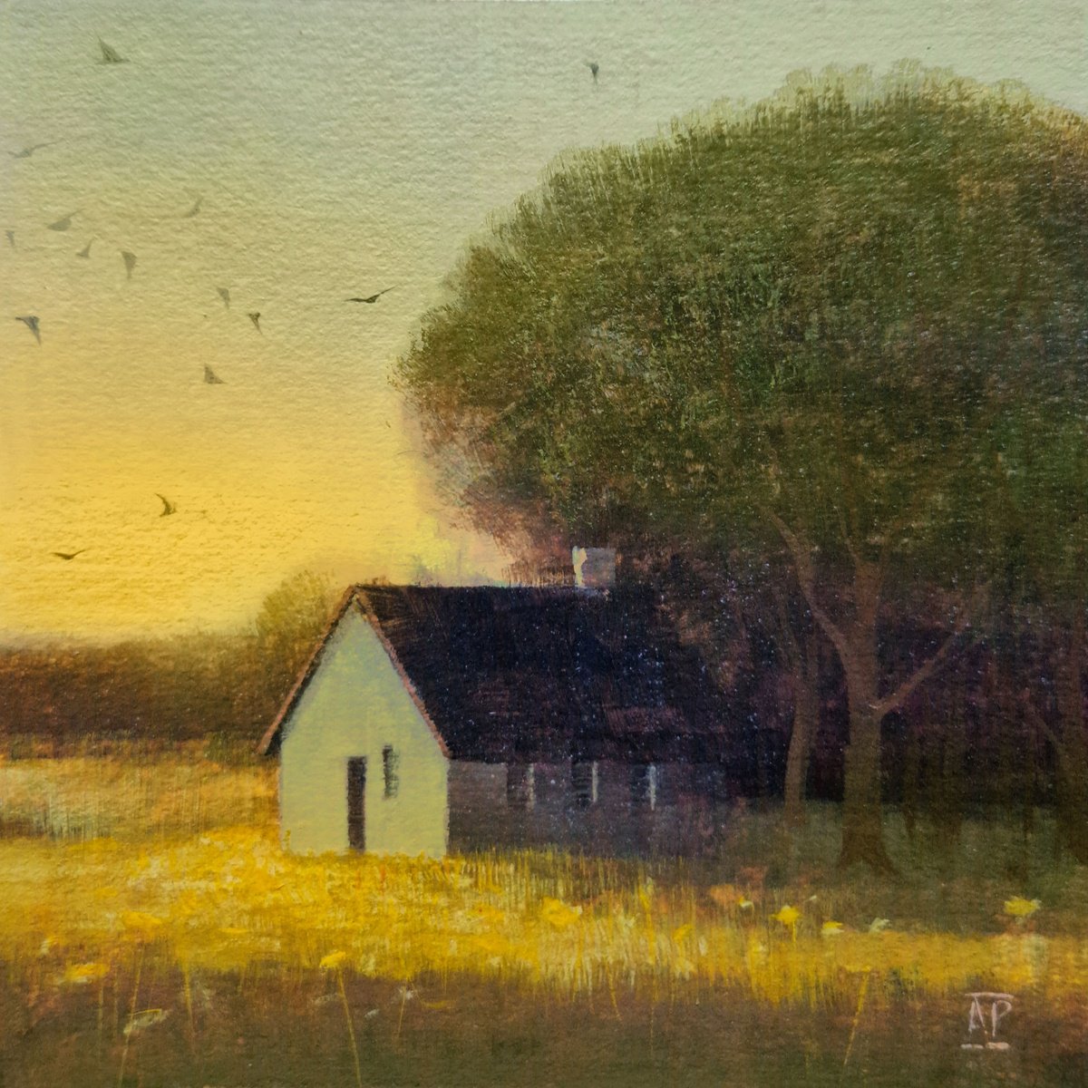 Landscape Acrylic Painting By Ayna Paisley, 6 X 6, Harvest Glow, Original Artwork