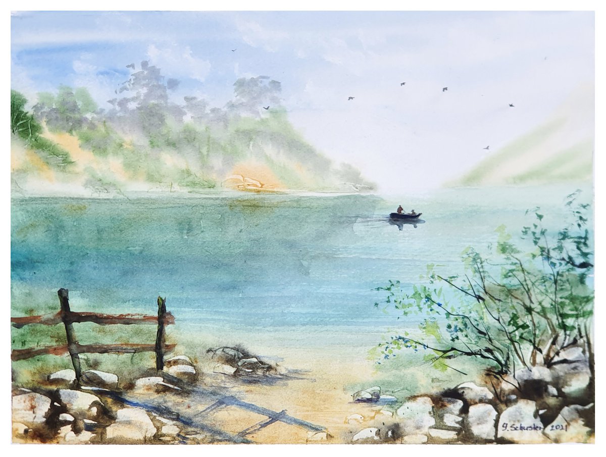 Impressionistic Landscape Watercolour By Yulia Schuster, 12 X 9", Fishing On The Lake, Original Artwork