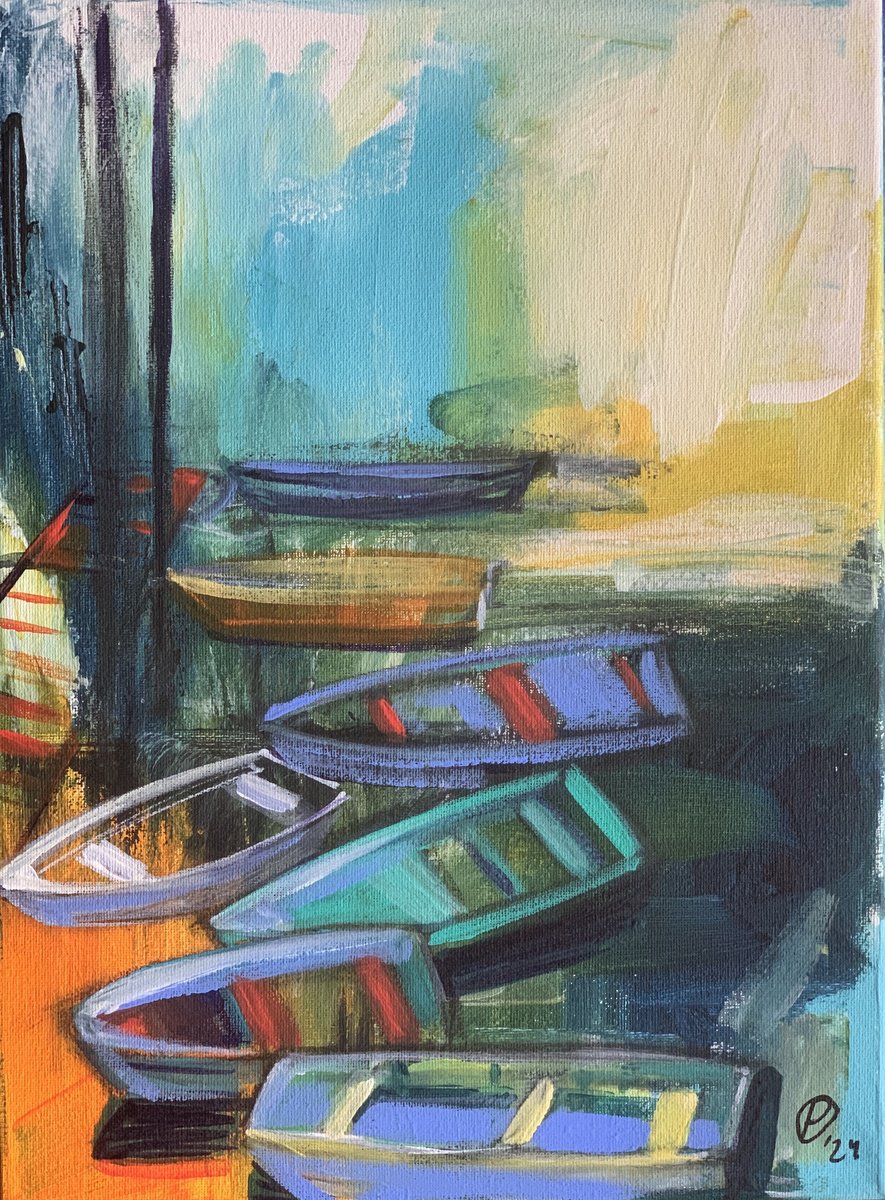 Impressionistic Landscape Acrylic Painting By Olga Pascari, 12 X 16", Boats, Original Artwork