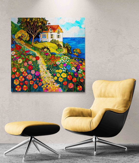 Sunny day with cozy house near the sea. Colorful impressionistic fairytale floral landscape fantasy flowers. Hanging large positive relax naive fine art for home decor, inspiration by Matisse and Klimt