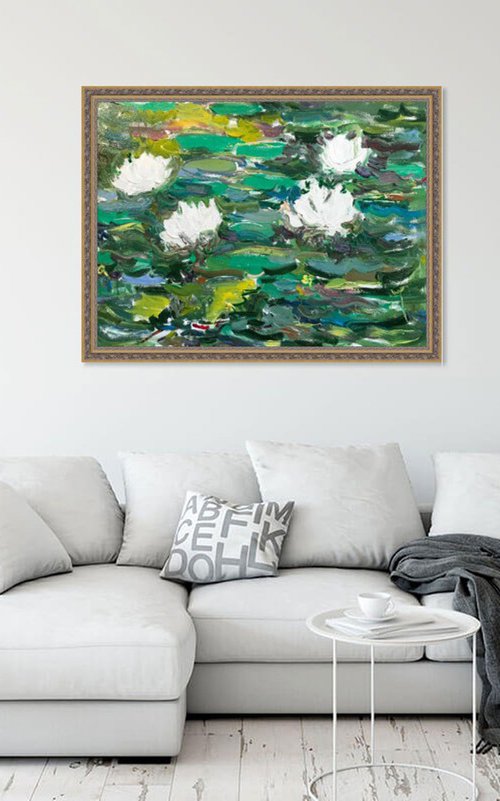 WATERLILY  - original oil landscape painting, summer, water lily garden by Karakhan