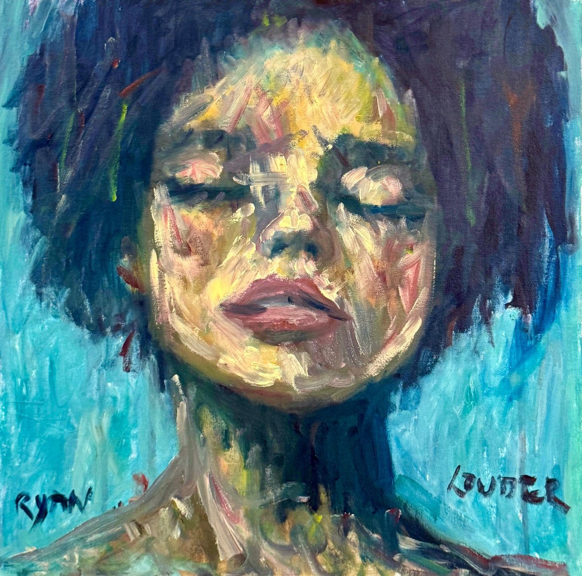 Expressive Portrait Oil Painting By Ryan Louder, 20 X 20", Why Do You Close Your Eyes, Original Artwork