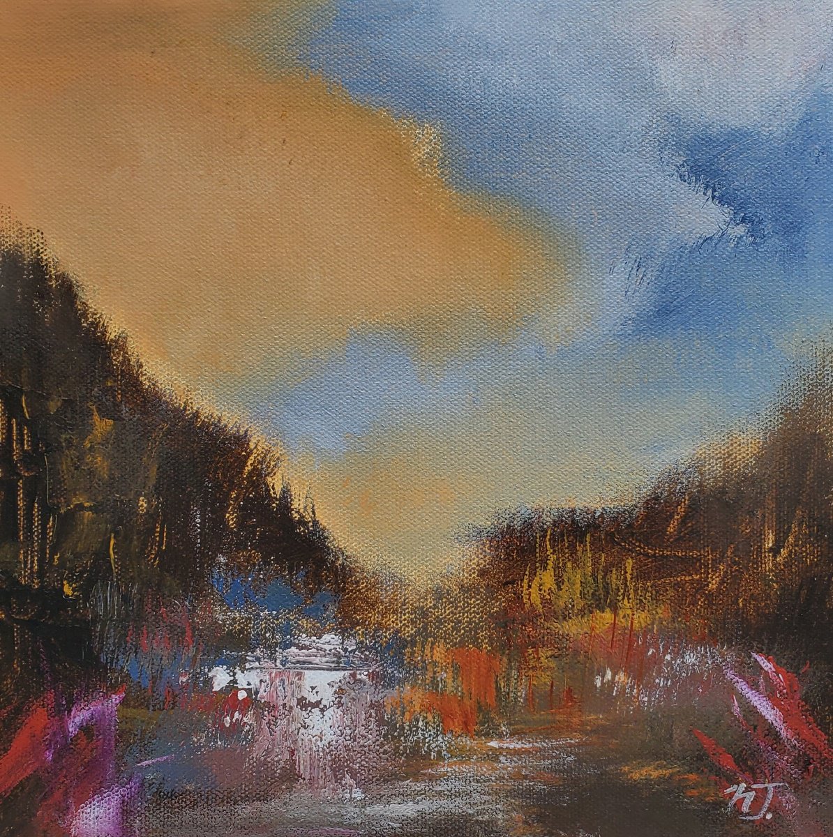 Impressionistic Landscape Acrylic Painting By Niyati Jiwani, 10 X 10", Golden Haze Ii, Original Artwork