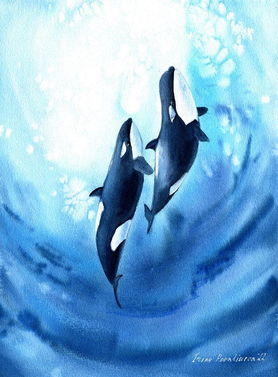 Ocean watercolor painting with whales, original coastal painting , whales in blue sea painting