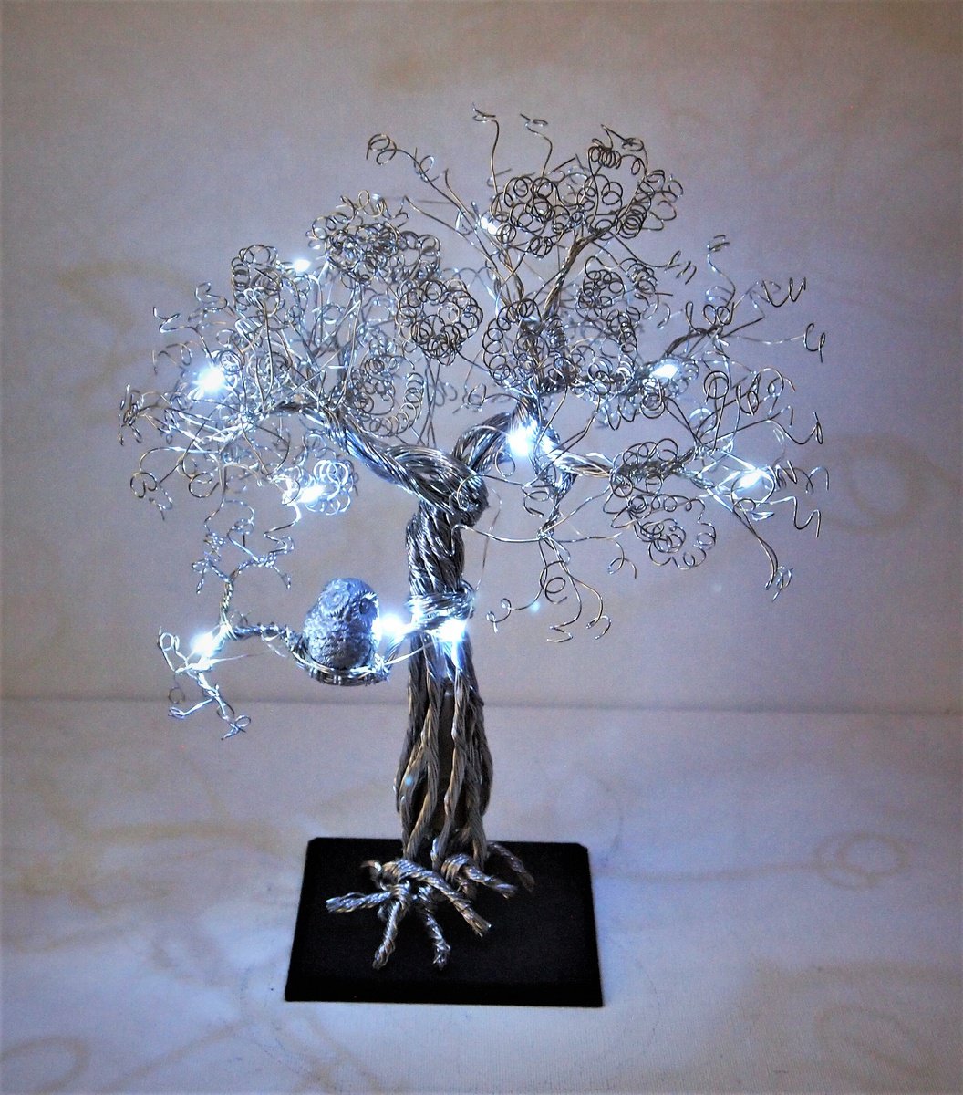 Silver wire tree sculpture with Owl and LED bright white lights by Steph Morgan