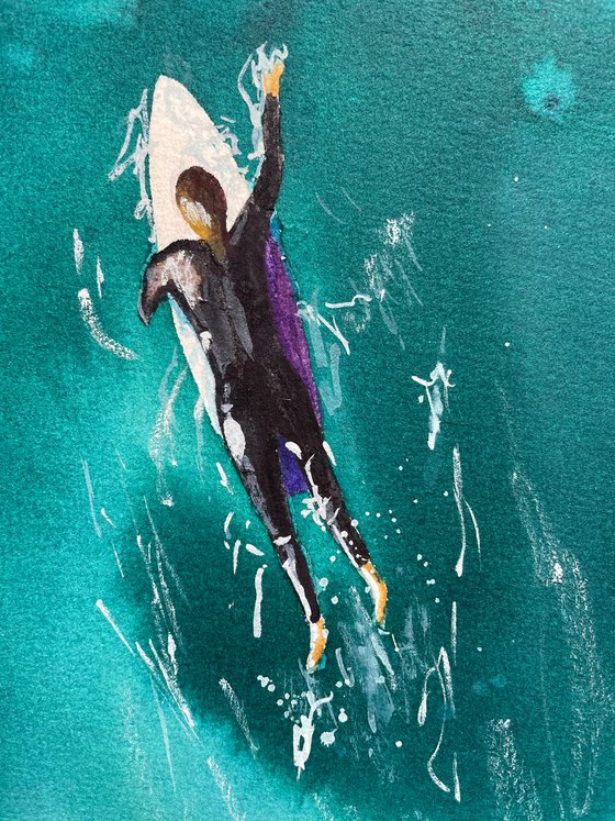 Surf Watercolor Painting, Surfing Original Artwork, Sea Ocean Art, Boho Decor, Summer Wall Art, Gift for Surfer