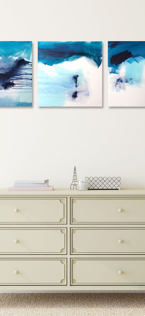 Inky Ocean Wave Triptych by Suzie Cumming