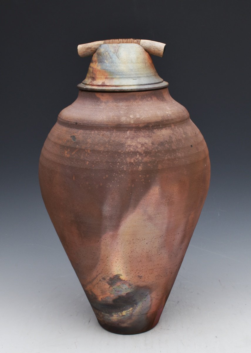 Raku fired stoneware covered vessel with copper and wood M65 one of a kind by Ron Mello