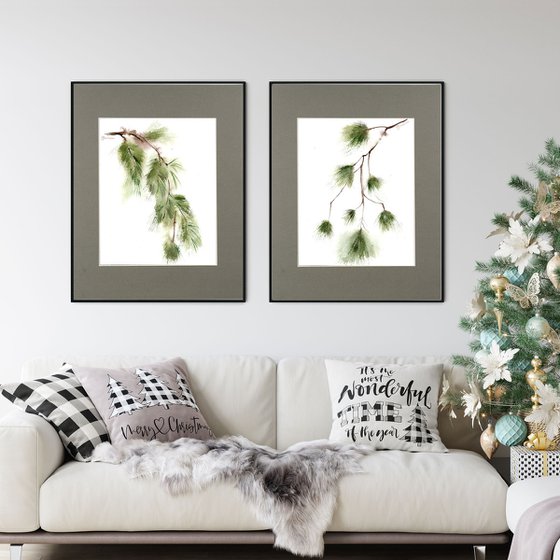 Set of 2 Pine Branches - Original watercolor paintings