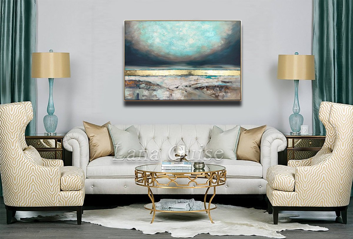 Perfection - Original Abstract Teal Blue Gray Gold Large Painting, Living Room Art, Minima... by Lana Guise