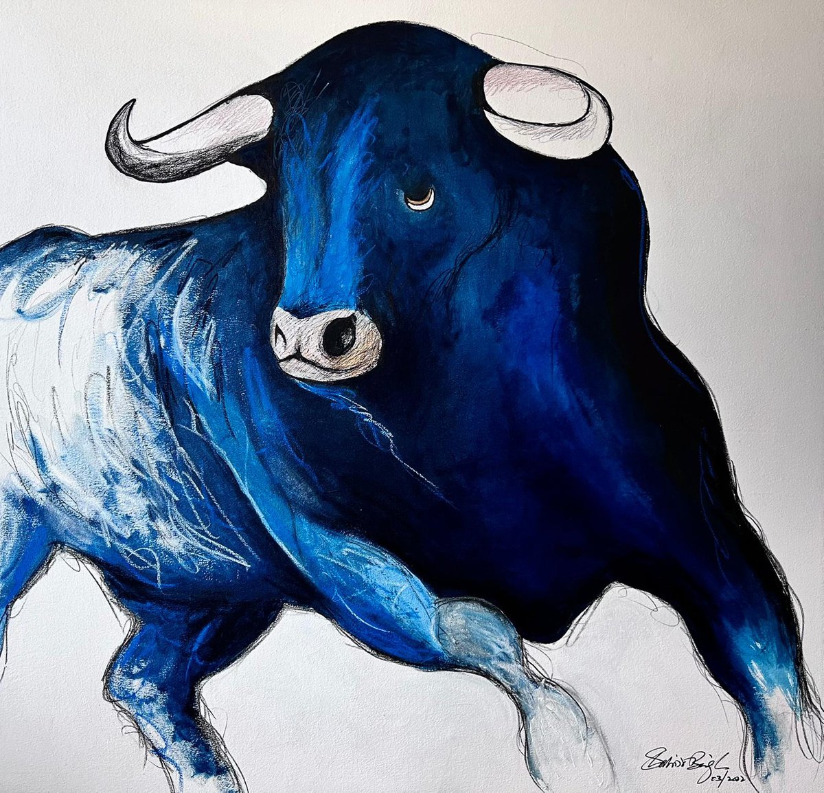 Expressive Animal Painting By Shabs Beigh, 45 X 45", Blue Bull, Original Artwork
