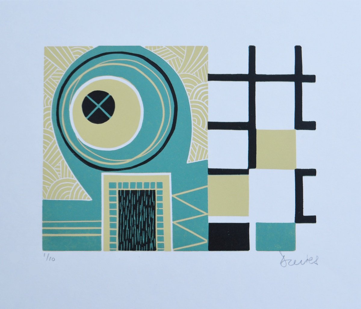 Geometric Abstract Linocut By Julian Davies, 11 X 9", Octopus Puzzle, Original Artwork