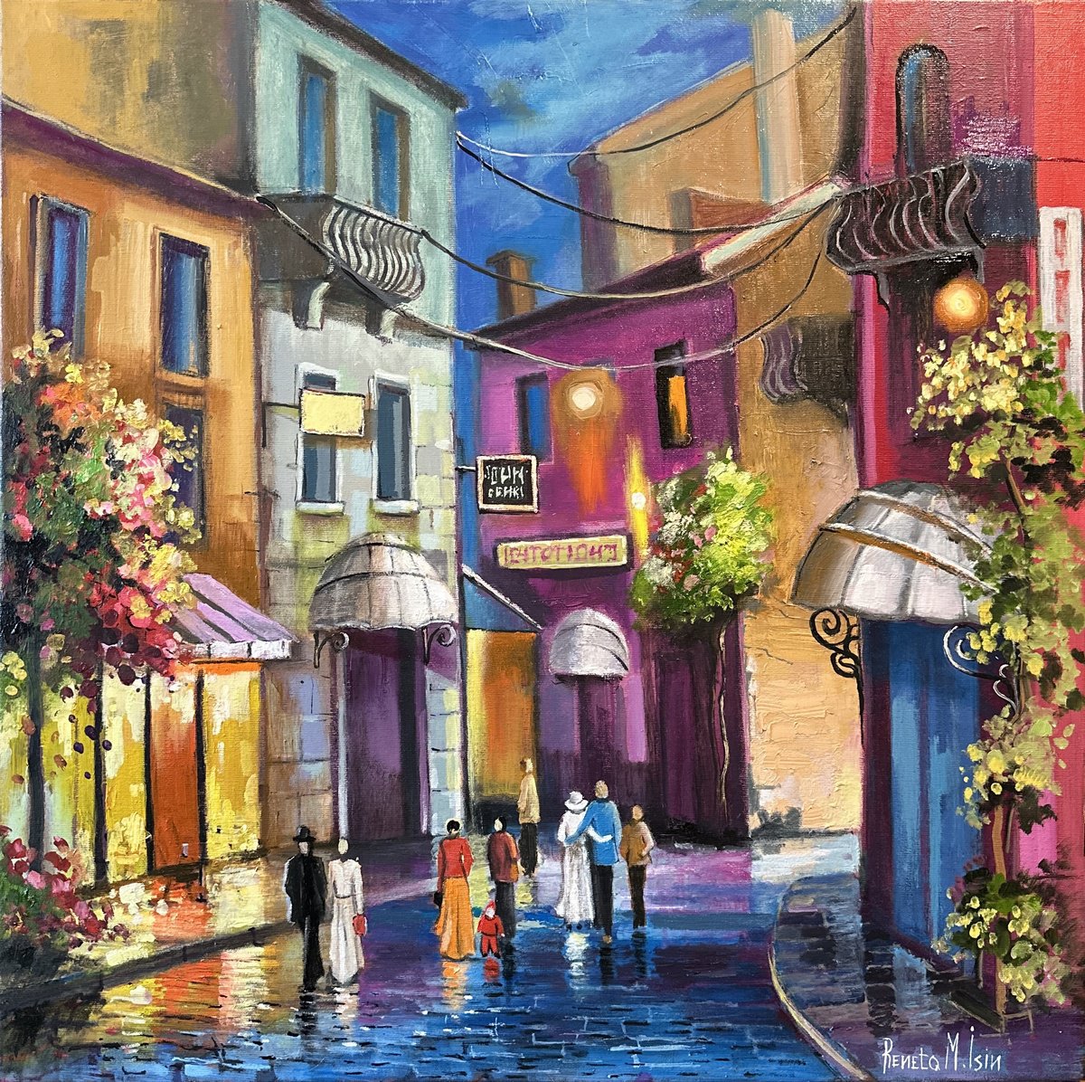 Expressive Cityscapes Oil Painting By Reneta Isin, 28 X 28", Latin Quarter - Paris Old Town, Original Artwork