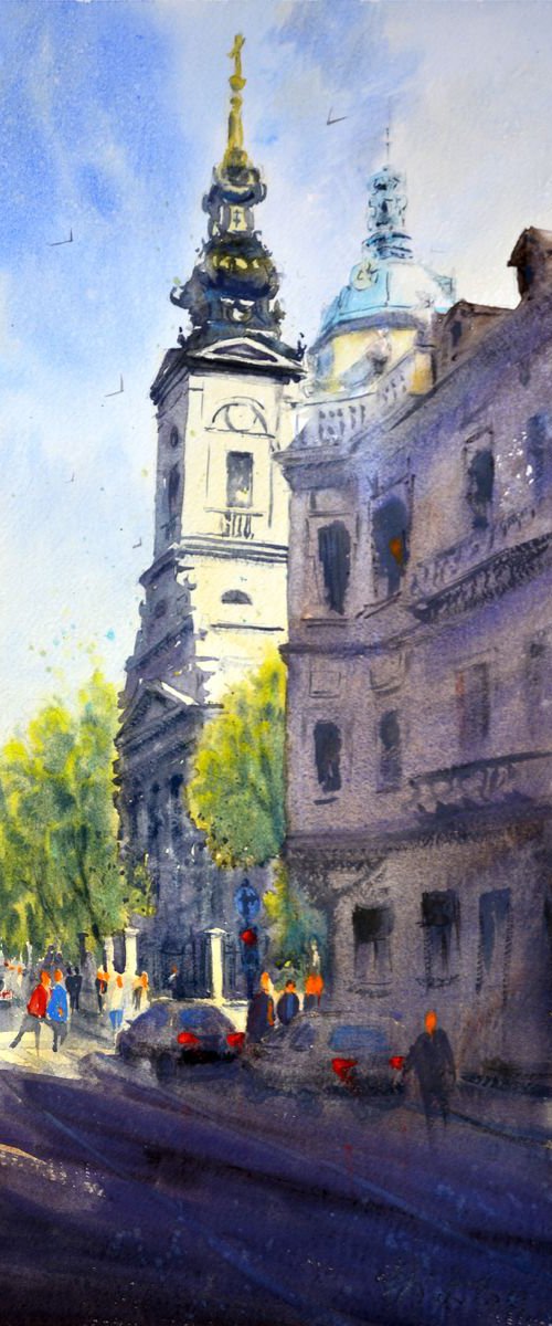 Ispred Saborne crkve Beograd medium by Nenad Kojić watercolorist