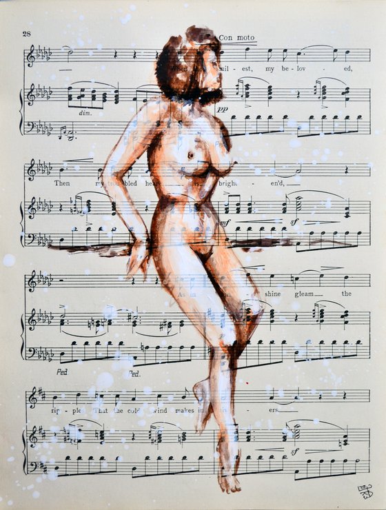 Nude 3 - Waiting - Collage Art on Vintage Music Sheet Page