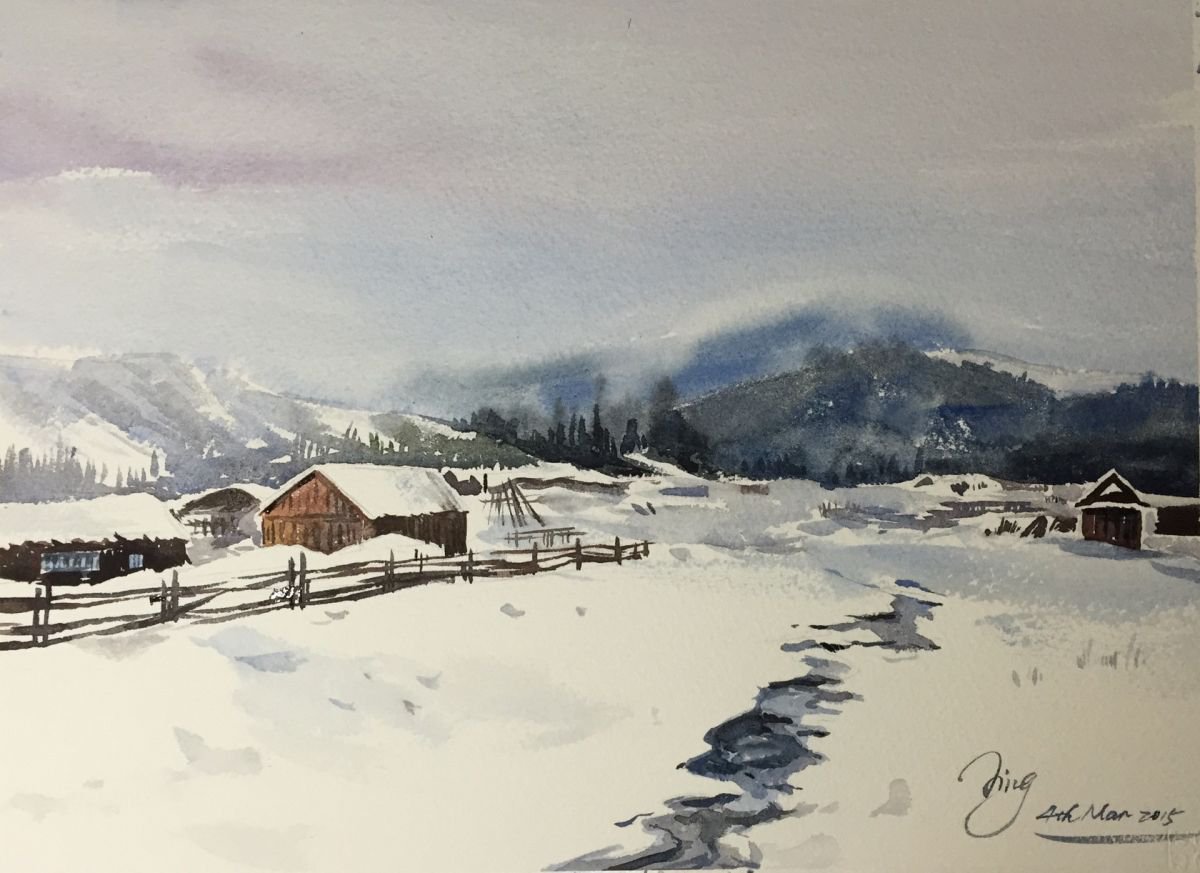 Impressionistic Landscape Watercolour By Jing Chen, 15 X 11, Snowbound, Original Artwork