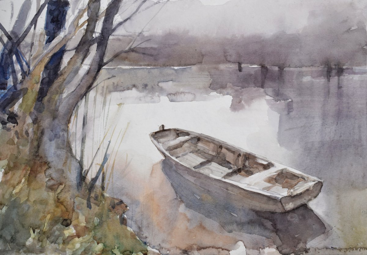 Boat on the river by Goran igoli? Watercolors