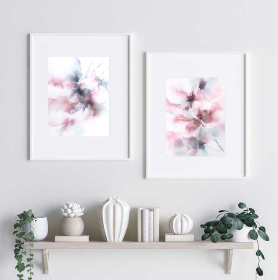 Floral diptych with soft pink and blue abstract flowers