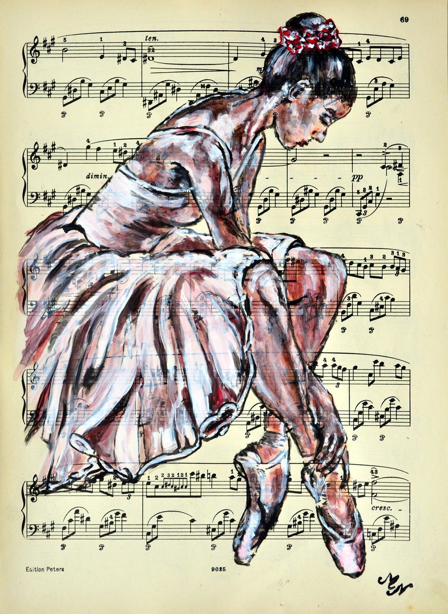 Expressive Portrait Collage By Misty Lady - M. Nierobisz, 8 X 12", Ballerina Xxii - Music Page, Original Artwork