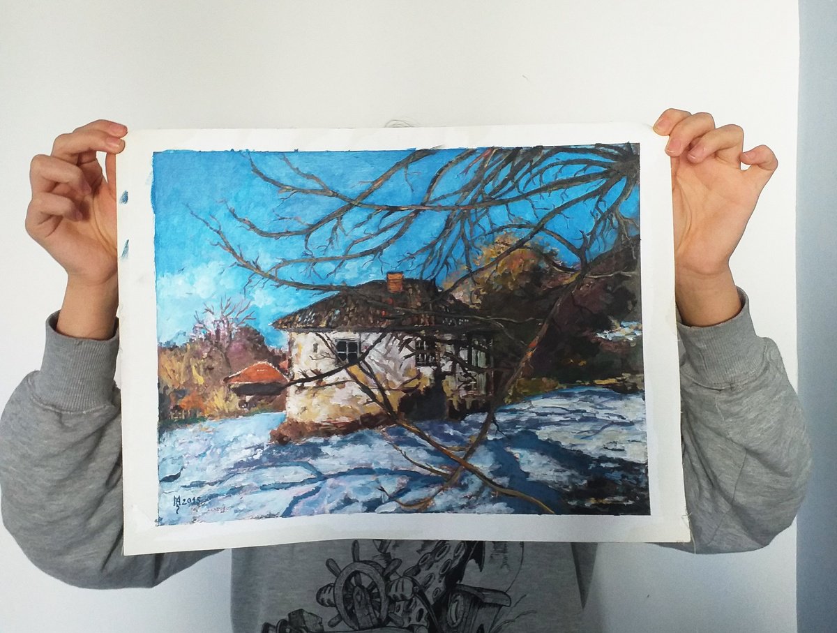 Impressionistic Landscape Acrylic Painting By Zoran Mihajlovic Muza, 15 X 11", Winter Idyll, Original Artwork