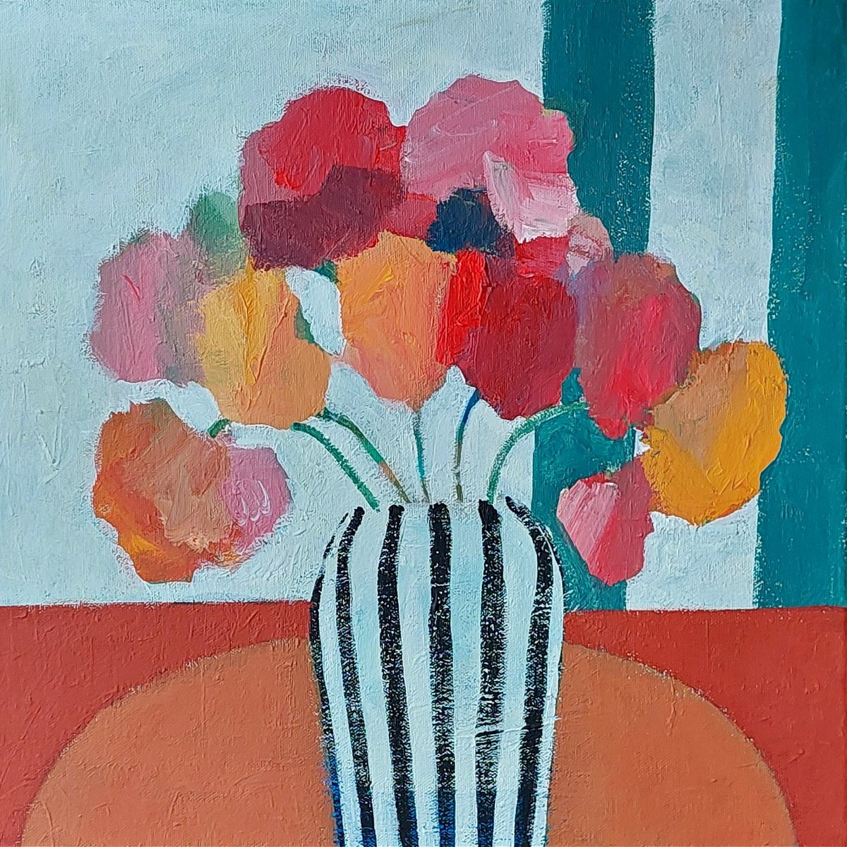 Flowers In A Striped Vase By Jan Rippingham, 16 X 16, Artwork For Sale On Artfinder