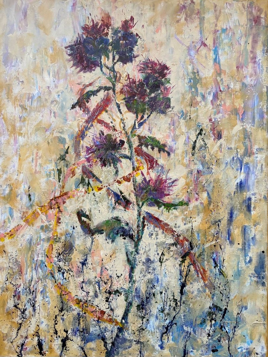 Abstract Botanical Acrylic Painting By Tetiana Pchelnykova, 24 X 31", Thistle Whispers, Original Artwork