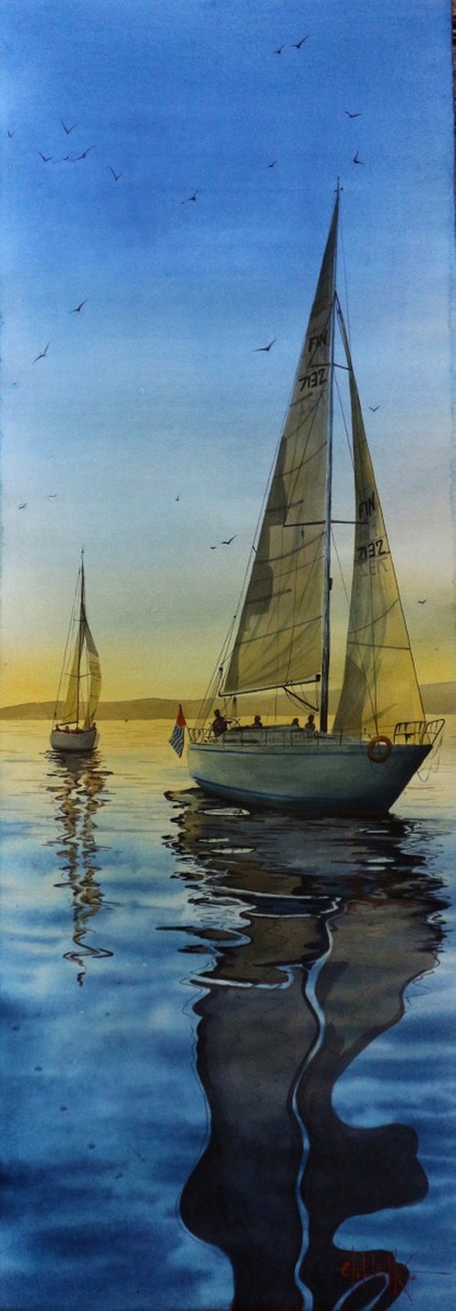 "Yachts" 2022 Watercolor on paper 90X30 by Eugene Gorbachenko