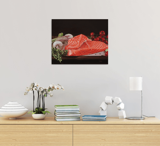 Raw salmon steaks still life
