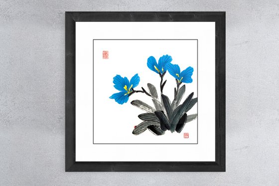 Blue Irises and Red Ladybug