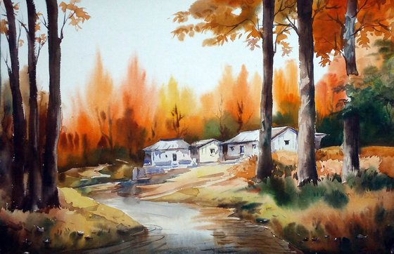 Autumn Forest Village & River - Watercolor on Paper