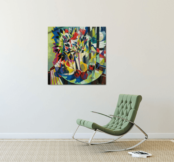 Still life with wine and pomegranates (80x80cm, cubism, oil painting, ready to hang)