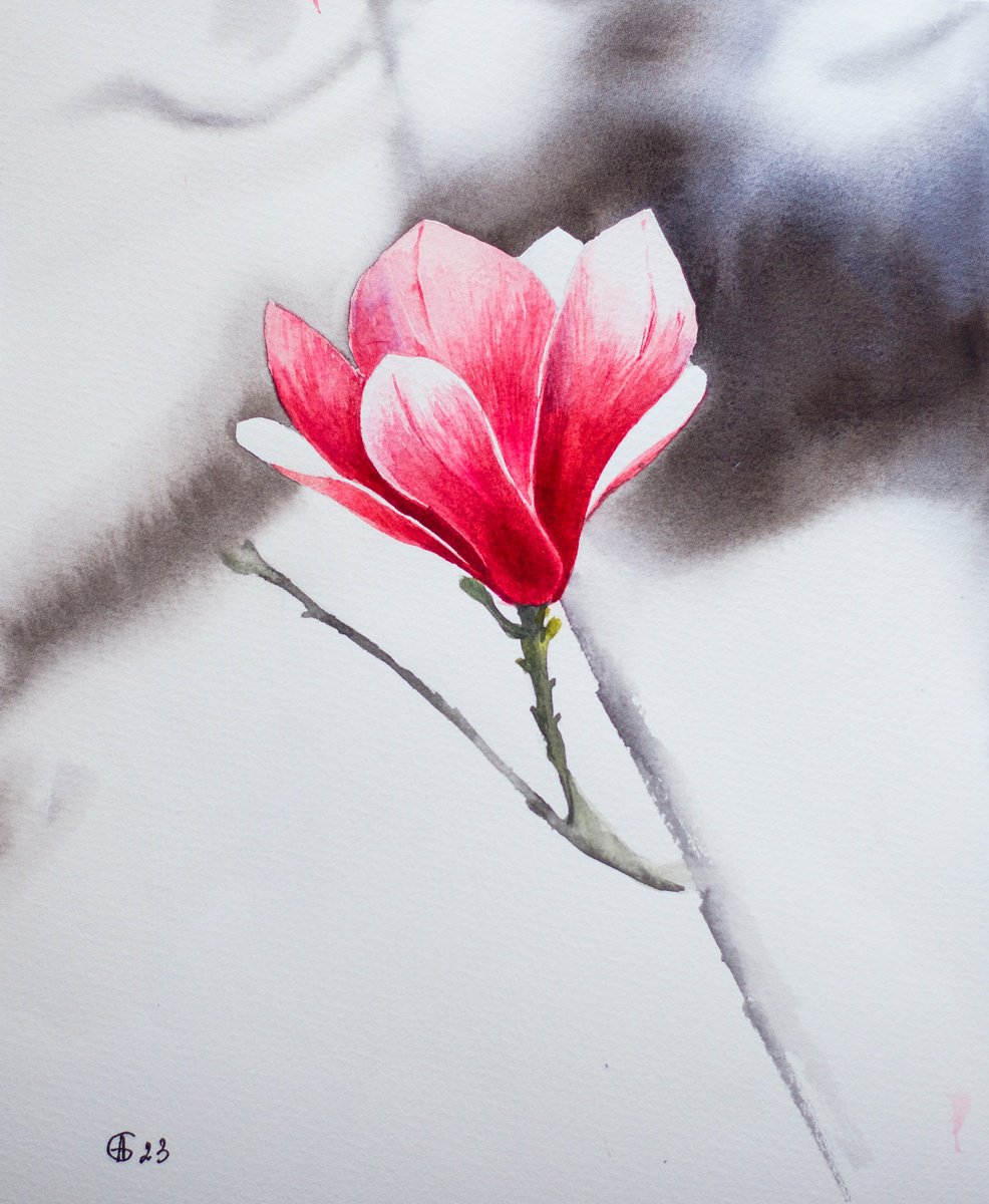 Magnolia in bloom 1. Simple and minimalistic small size floral painting by Sasha Romm
