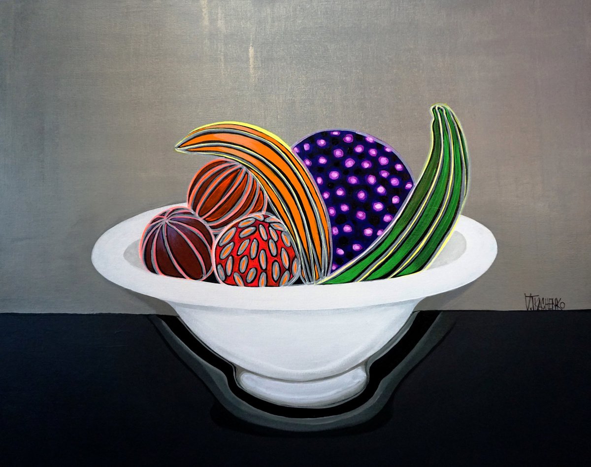 Organic Still Life Acrylic Painting By Victor Tkachenko, 30 X 24", Green Banana, Original Artwork