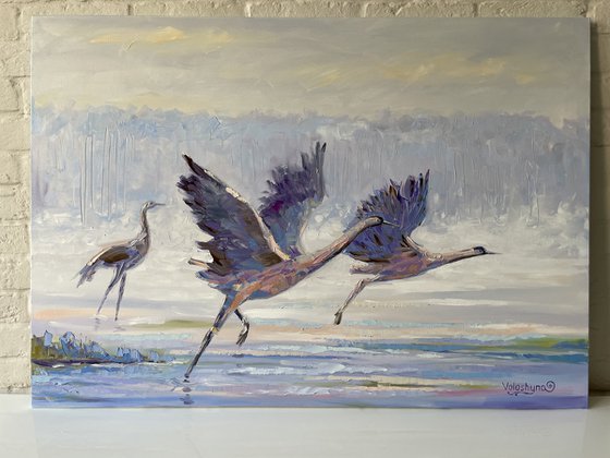 "Flight of birds". Oil painting. Birds in flight