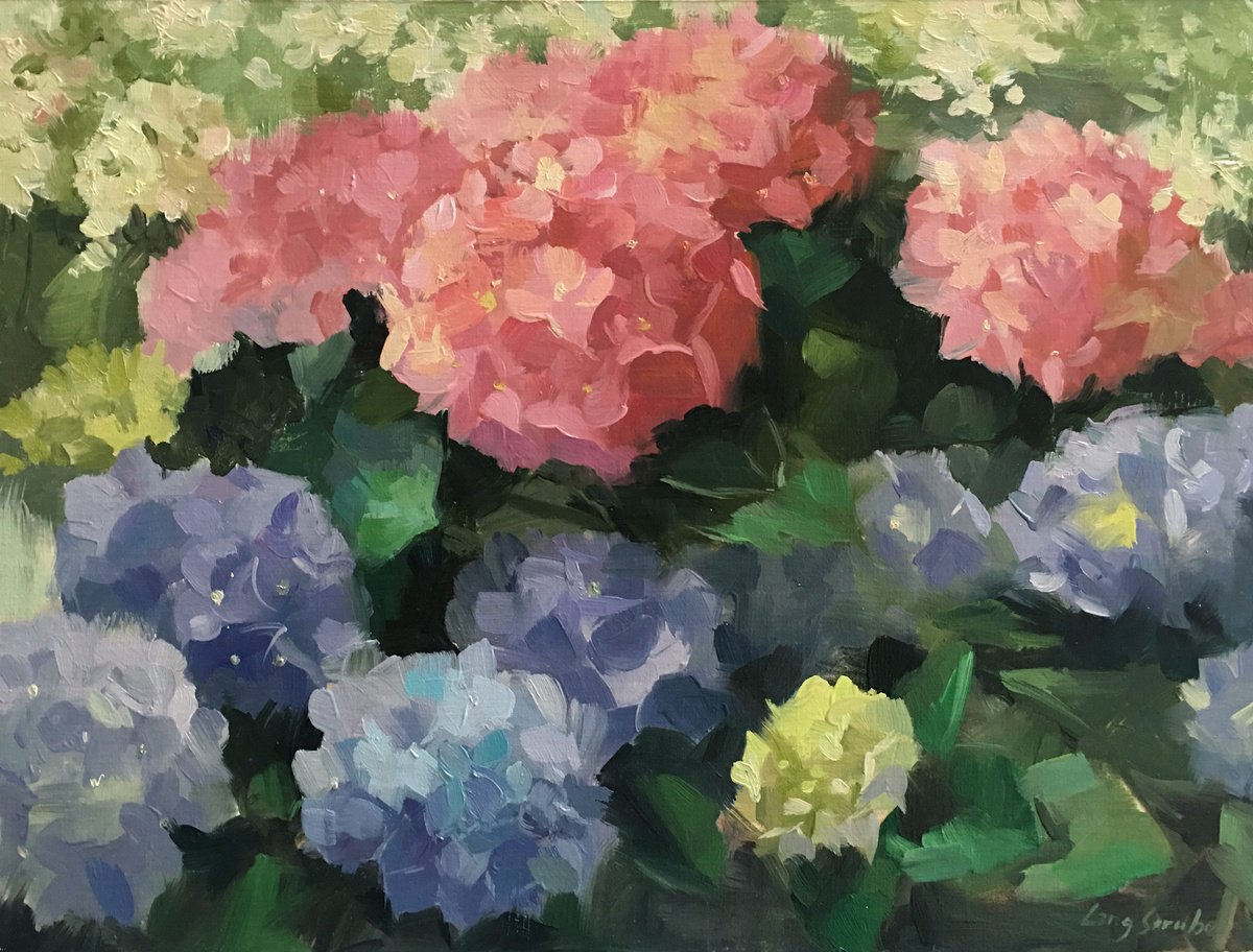 Impressionistic Botanical Oil Painting By Ling Strube, 16 X 12", Happy Hydrangea, Original Artwork