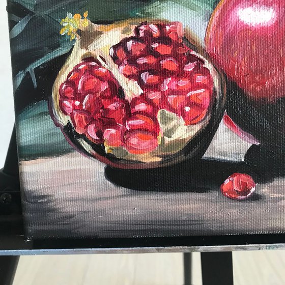 Pomegranates 4 on table still life painting 20x20