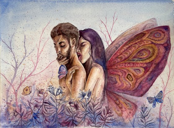 Fantasy love watercolor illustration of couple in magic garden