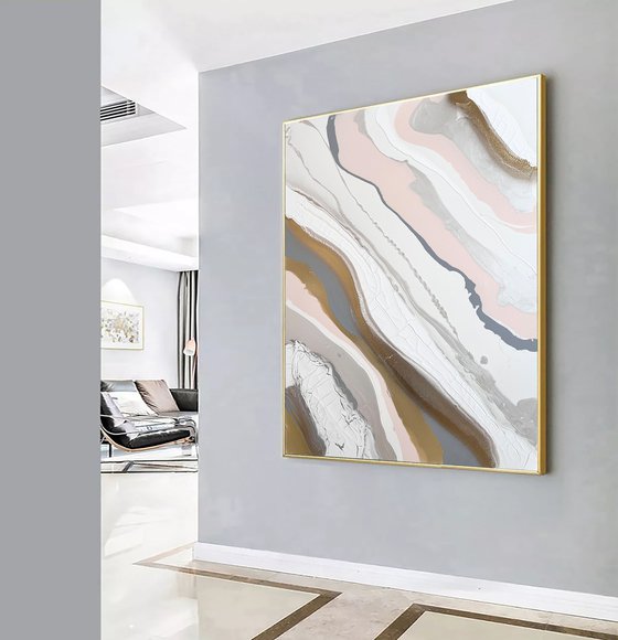 110x90cm. Gold White Abstract painting. Earth, fire, air.