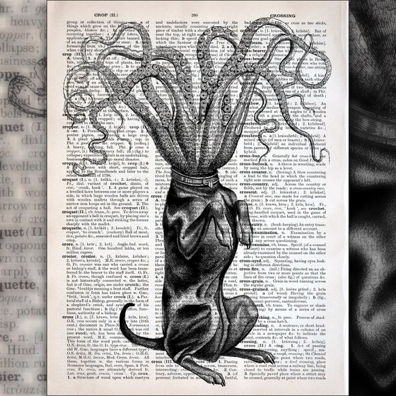 Octopus Good Dog - Collage Art Print on Large Real English Dictionary Vintage Book Page