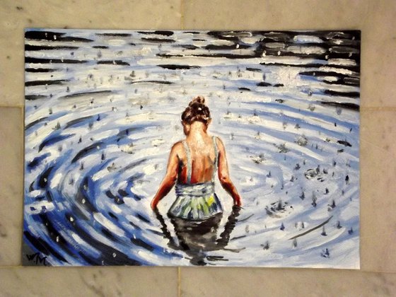 RAINY LAKE GIRL - Childhood Remembrance - Thick oil painting - 42x29.5cm